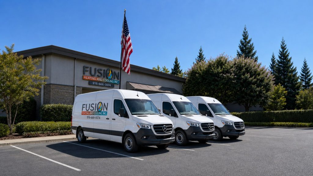 Fusion Heating & Cooling service fleet and American flag outside the company office