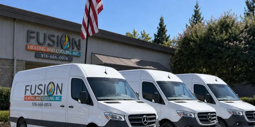 Three Fusion Heating & Cooling HVAC service vans