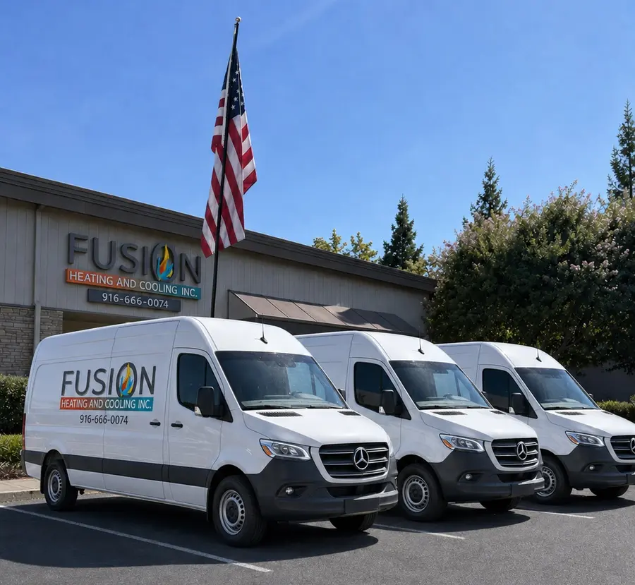 Three Fusion Heating & Cooling HVAC service vans parked beneath an American flag
